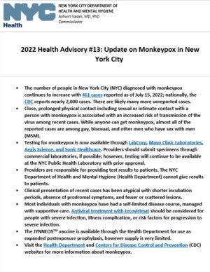 Department of Health and Mental Hygiene 2022 Health Advisory #13: Update on Monkeypox in NYC